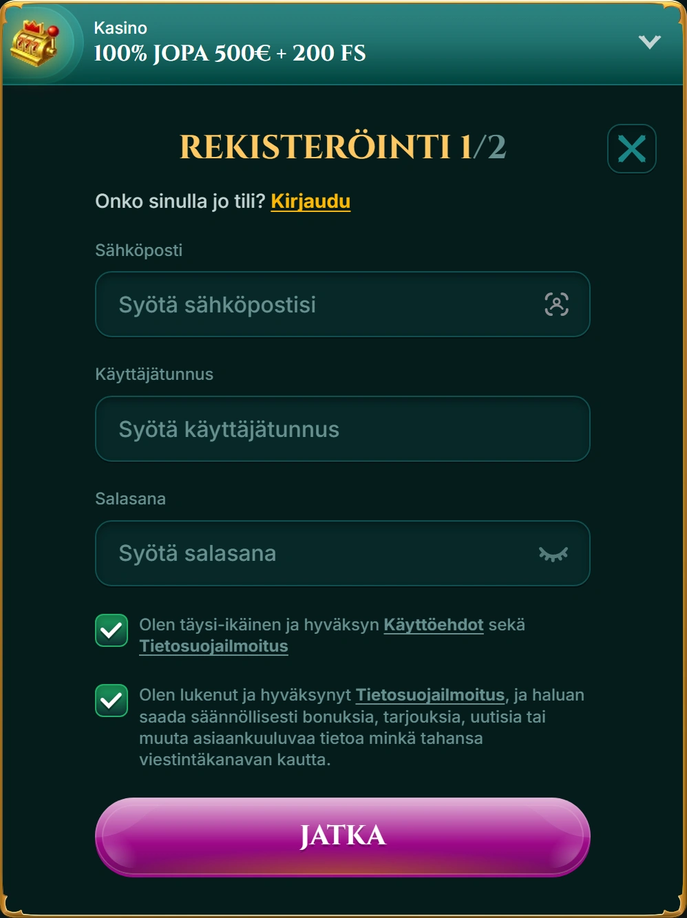 Rekisteröityminen 7Signs Casinoon